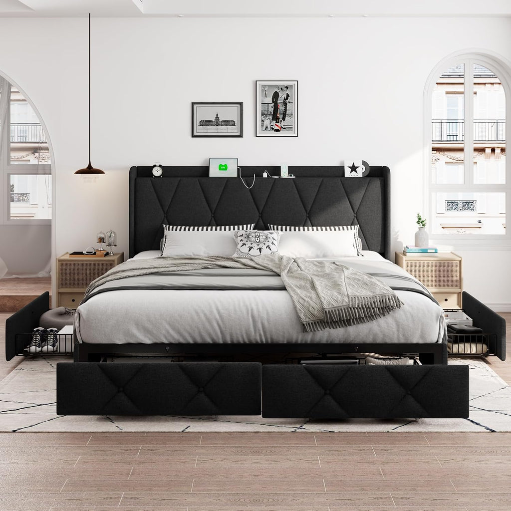 iPormis King Size Bed Frame with 4 Storage Drawers, Upholstered Platform Bed Frame with Charging Station, Modern Wingback Storage Headboard, Easy Assembly, Black