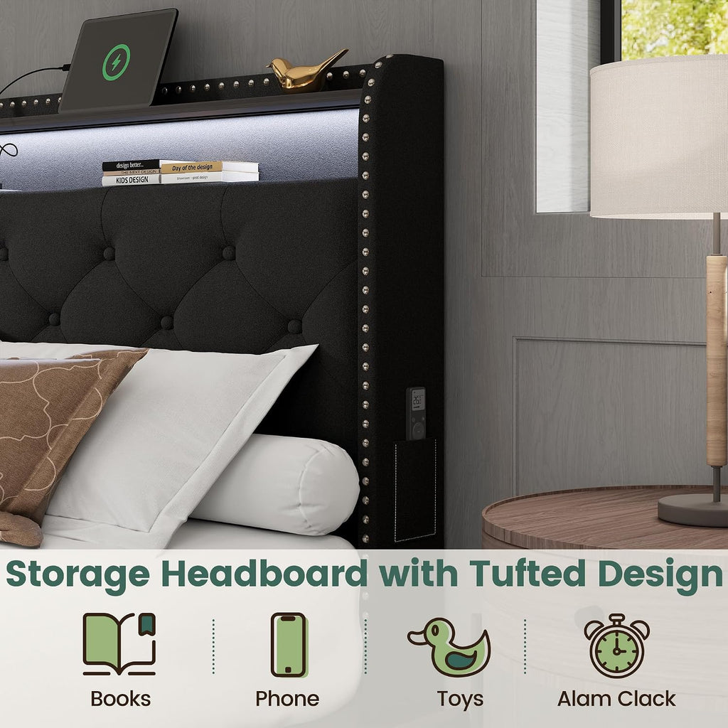 LARMACE Queen Size Bed Frame with Storage & LED Lights & USB Type-C Charging Station,Velvet Upholstered Platform Bed with Headboard and 4 Drawers, No Box Spring Needed, Easy Assembly, Black