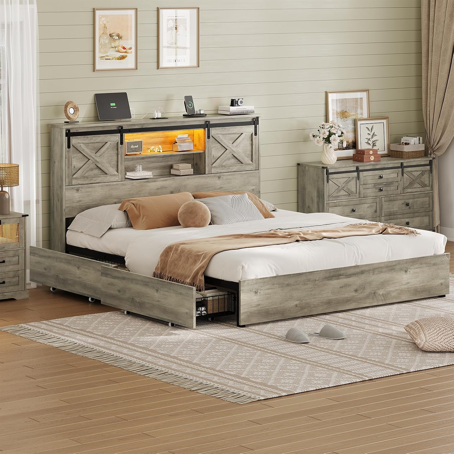 Hasuit Farmhouse Bed Frame King Size with 4 Storage Drawers, Wooden Platform King Beds with Charging Station and LED Lights, Rustic Bed with Storage Headboard and Sliding Barn Door