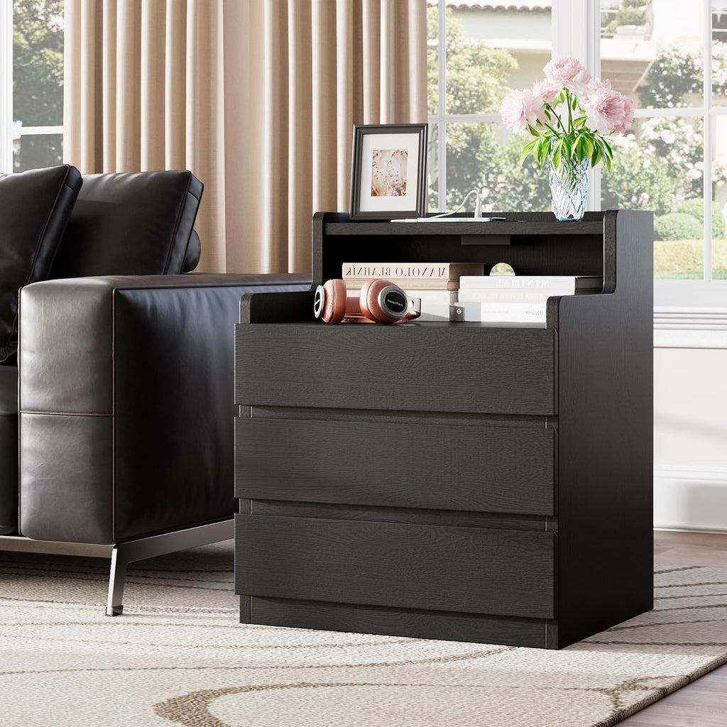 Rresyet Nightstand Set of 2, 26.8' Modern Black End Tables with Drawers & Built-in Charging Station for Bedroom, Upgraded Storage, Handle-Free Design