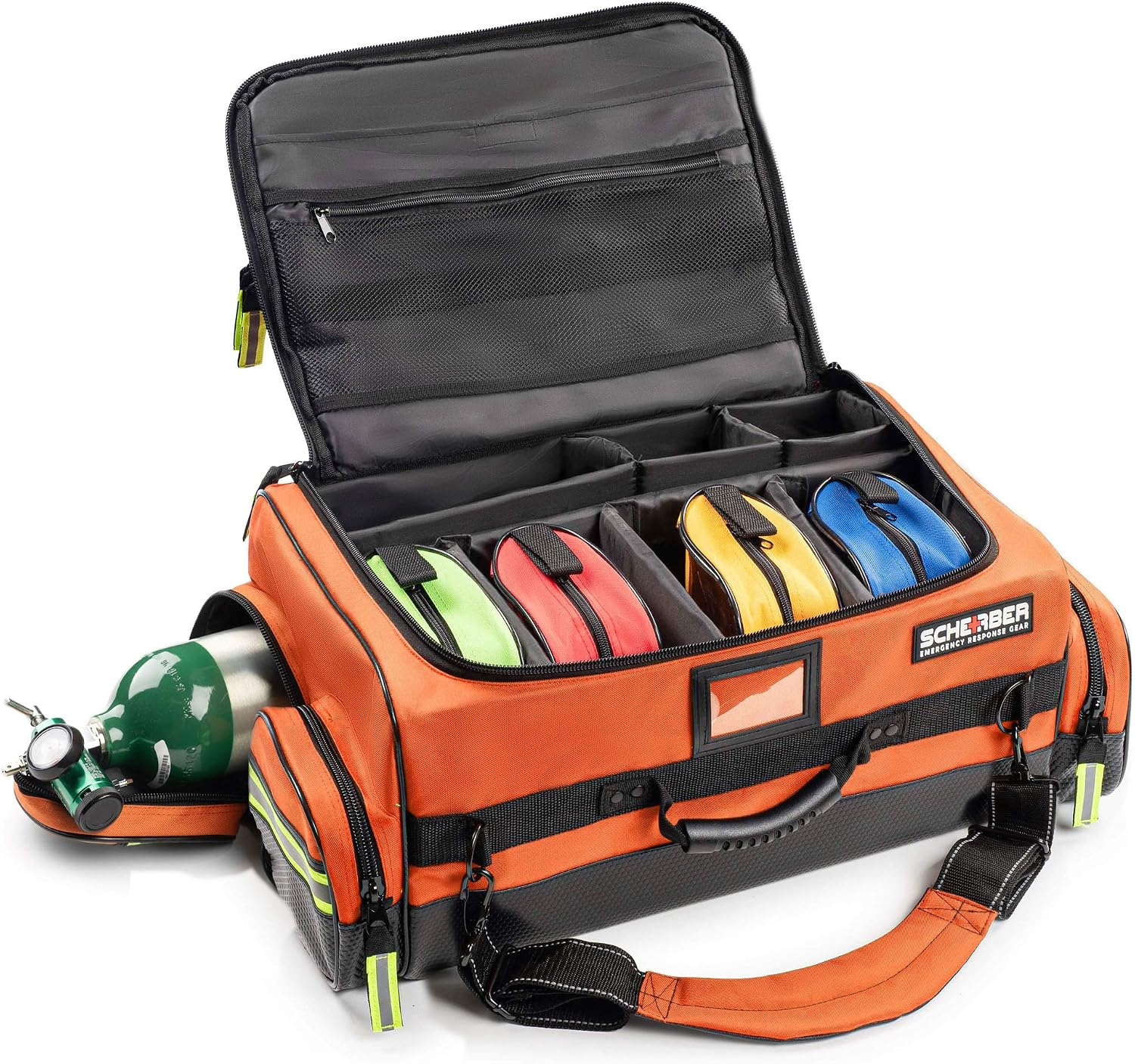 Scherber Fully Stocked First Responder Ultimate Professional EMT/EMS Trauma Kit | HSA/FSA Approved | w/10+ Compartments, Zippered Pockets, Dividers, Oxygen Access & 260+ First Aid Supplies (Orange)