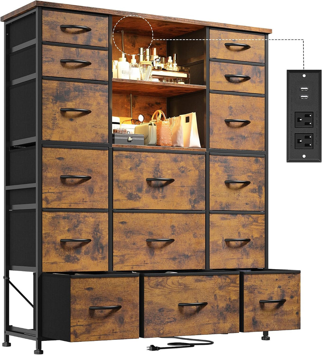EnHomee 51' H Dresser with 15 Drawers Dresser for Bedroom with Charging Station & LED Lights & Hutch Sturdy Fabric Bedroom Dressers, Steel Frame, Wood Top, Rustic Brown, 51.2' H x 39.3' W x 11.8' D