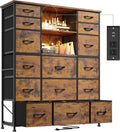 EnHomee 51' H Dresser with 15 Drawers Dresser for Bedroom with Charging Station & LED Lights & Hutch Sturdy Fabric Bedroom Dressers, Steel Frame, Wood Top, Rustic Brown, 51.2' H x 39.3' W x 11.8' D