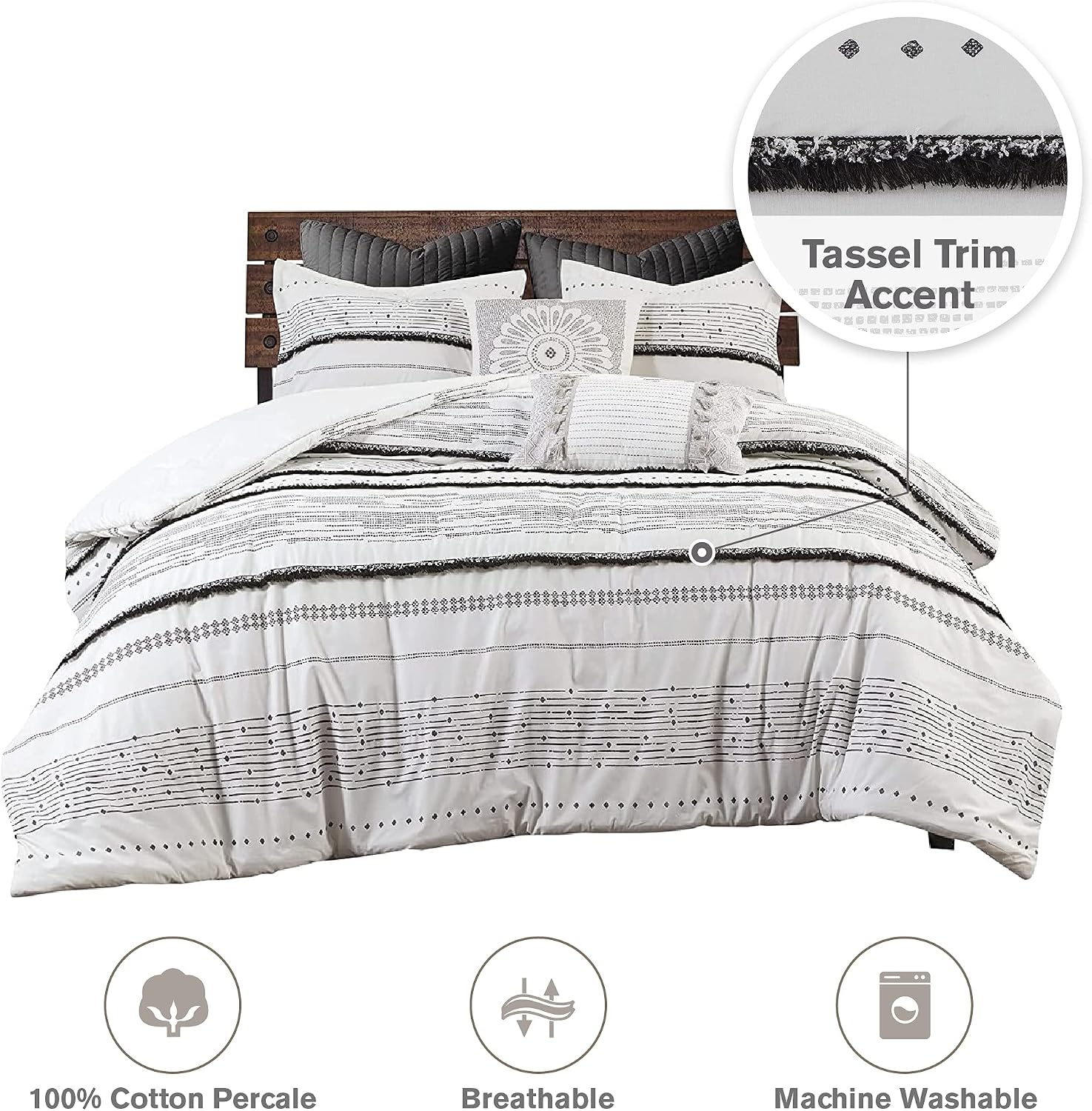 INK+IVY Luxurious Cotton-Bedding Set - Mid Century Trendy Geometric Design, All Season Cozy-Cover With Matching-Shams, King/Cal King, Nea Trims Black/Multi