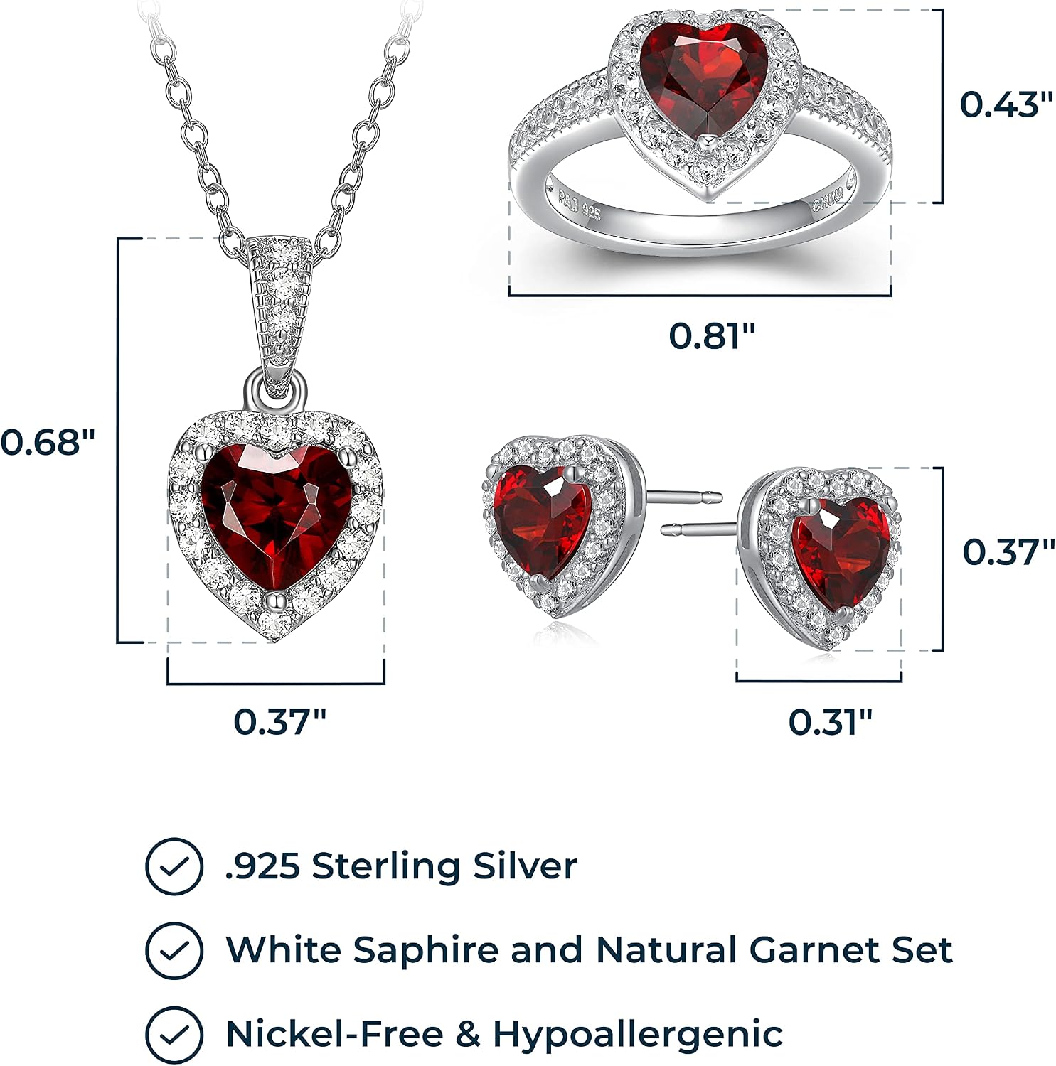 MORGAN & PAIGE .925 Sterling Silver Gemstones and White Sapphire Halo Heart Pendant Necklace, Ring and Stud Earrings for Women Set - Birthstone Jewelry Sets for Women, 18in Cable Chain, Size 7 Ring