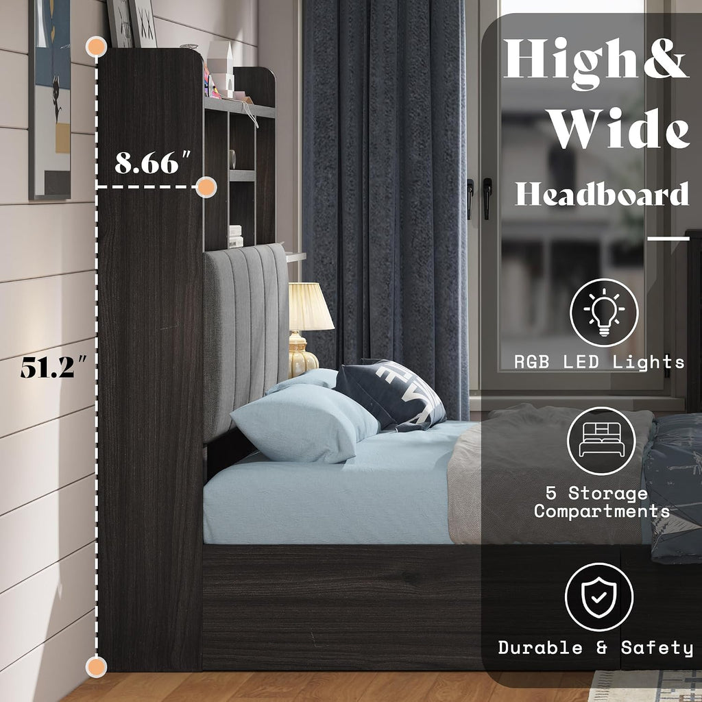 AMERLIFE Twin Bed Frame with 51.2' Tall Bookcase Headboard, Farmhouse Platform Bed with 4 Storage Drawers, Linen Upholstered, Charging Station & Storage, Rustic Black