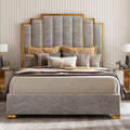 AMERLIFE Queen Size Upholstered Bed, Modern Velvet Bed Frame with 61.4' Tall Gold Trim Headboard, No Box Spring Needed, Grey