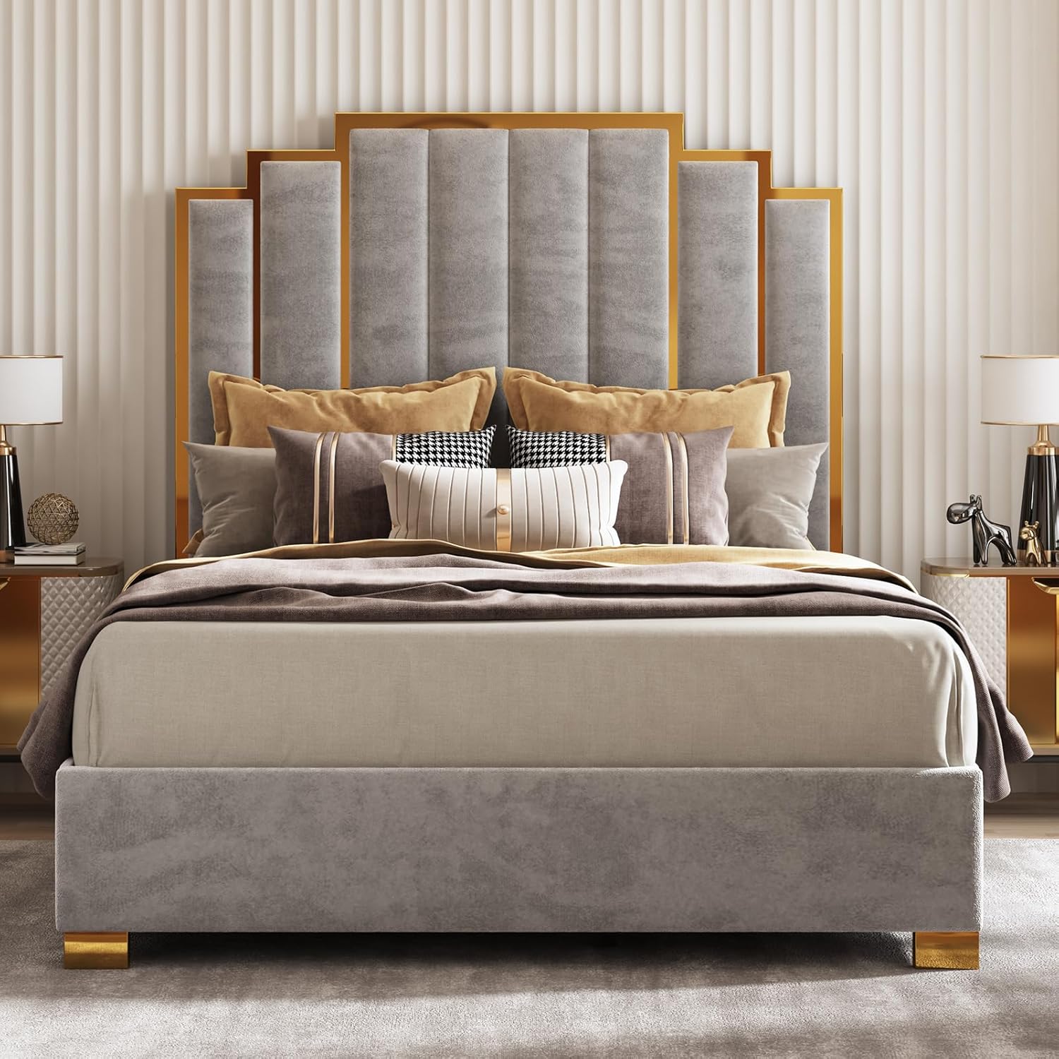 AMERLIFE Queen Size Upholstered Bed, Modern Velvet Bed Frame with 61.4' Tall Gold Trim Headboard, No Box Spring Needed, Grey