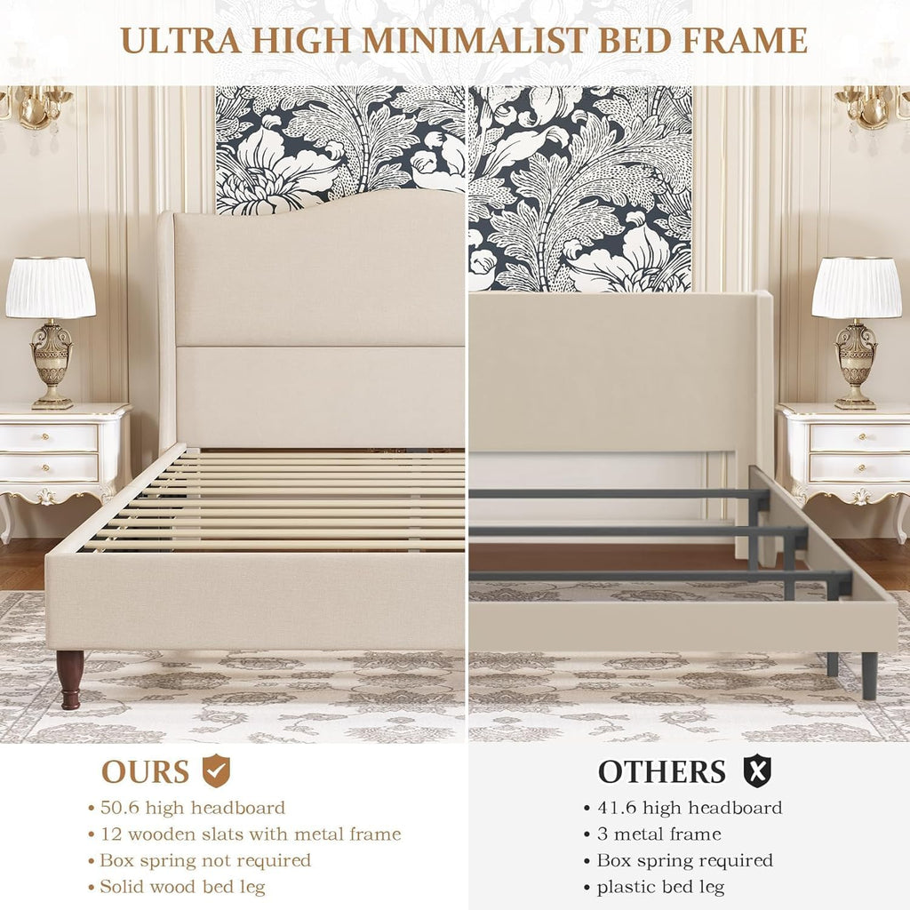 koorlian Full Size Bed Frame Upholstered Platform Bed with 51' Tall Headboard Wingback, Soft Fabric, Retro Simple Style Platform Bed No Box Spring Needed, Easy Assembly, Beige