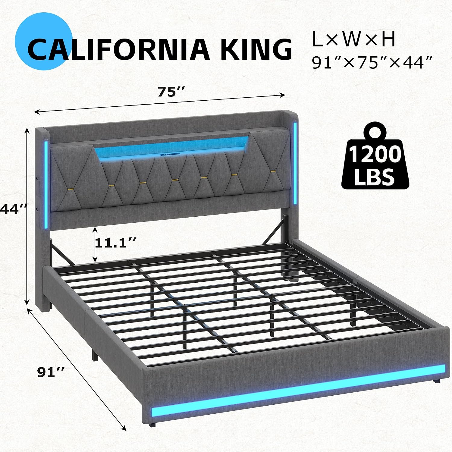 BYSAUD California King Bed Frames, Cal King Bed Frame with Storage Headboard & Hidden Space, Platform Bed Frame with LED Lights & Charging Station, No Noise, No Box Spring Needed, Dark Gray, Linen