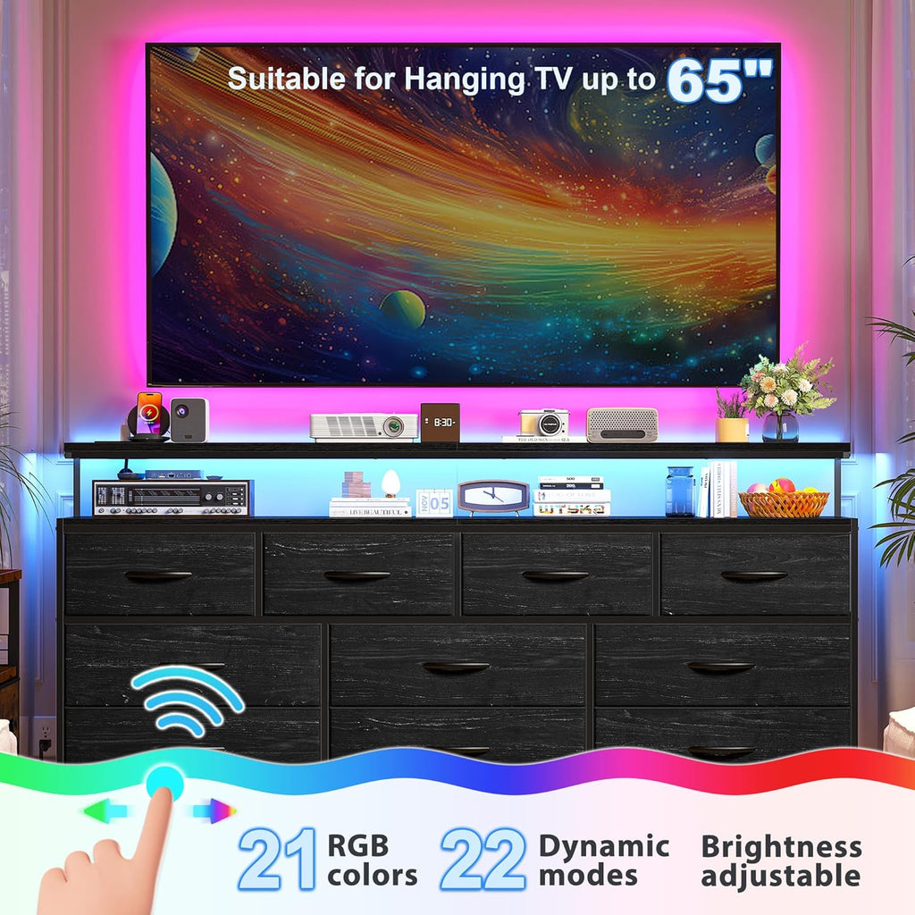 EnHomee 55' W Dresser for Bedroom with 10 Fabric Drawers Long Dresser with LED Lights & Power Outlets Dressers & Chests of Drawers Large Organizer for Bedroom, Metal Frame, Wood Top, Charcoal Black