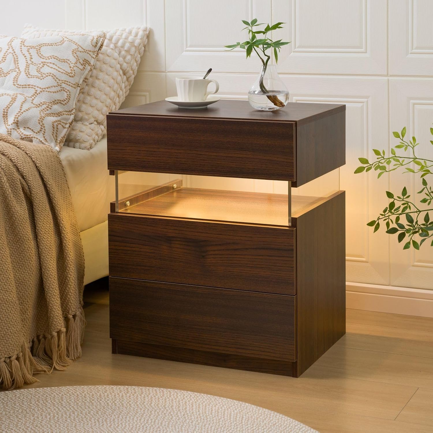 i-aplus Brown LED Nightstand Set of 2,Night Stand Set 2,Modern Night Stand with 3 Drawers,Night Stands for Bedroom Set of 2,Bedside Table Suitable for Small Spaces and Indoor use Capabilities
