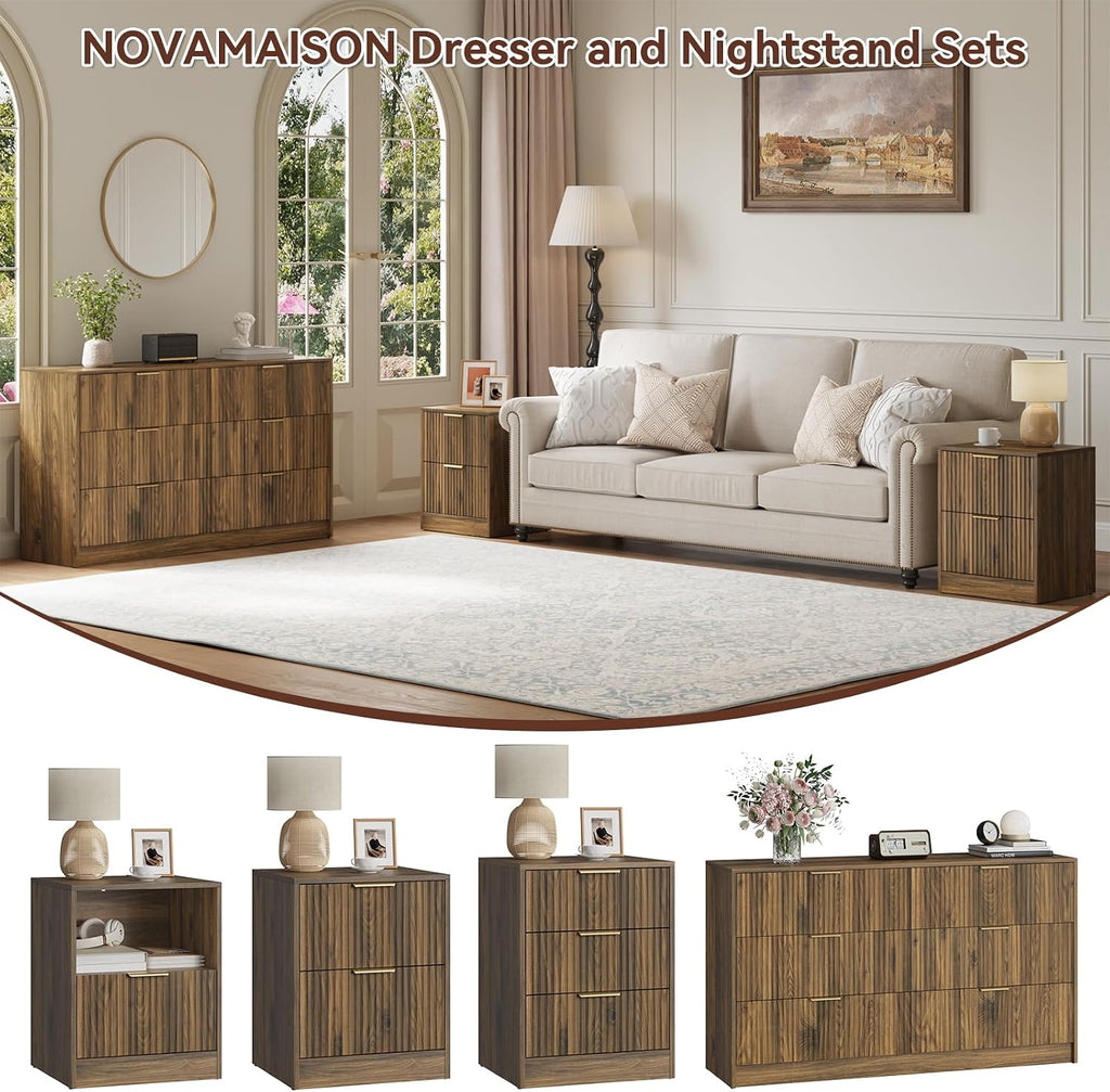 6 Drawer Dresser & Nightstand Set 3-Piece, 55' Wide Fluted Dresser and Night Stand Set of 2 with Metal Handle, Modern Wood Chest of Drawers Storage Dressers Set for Bedroom, Walnut