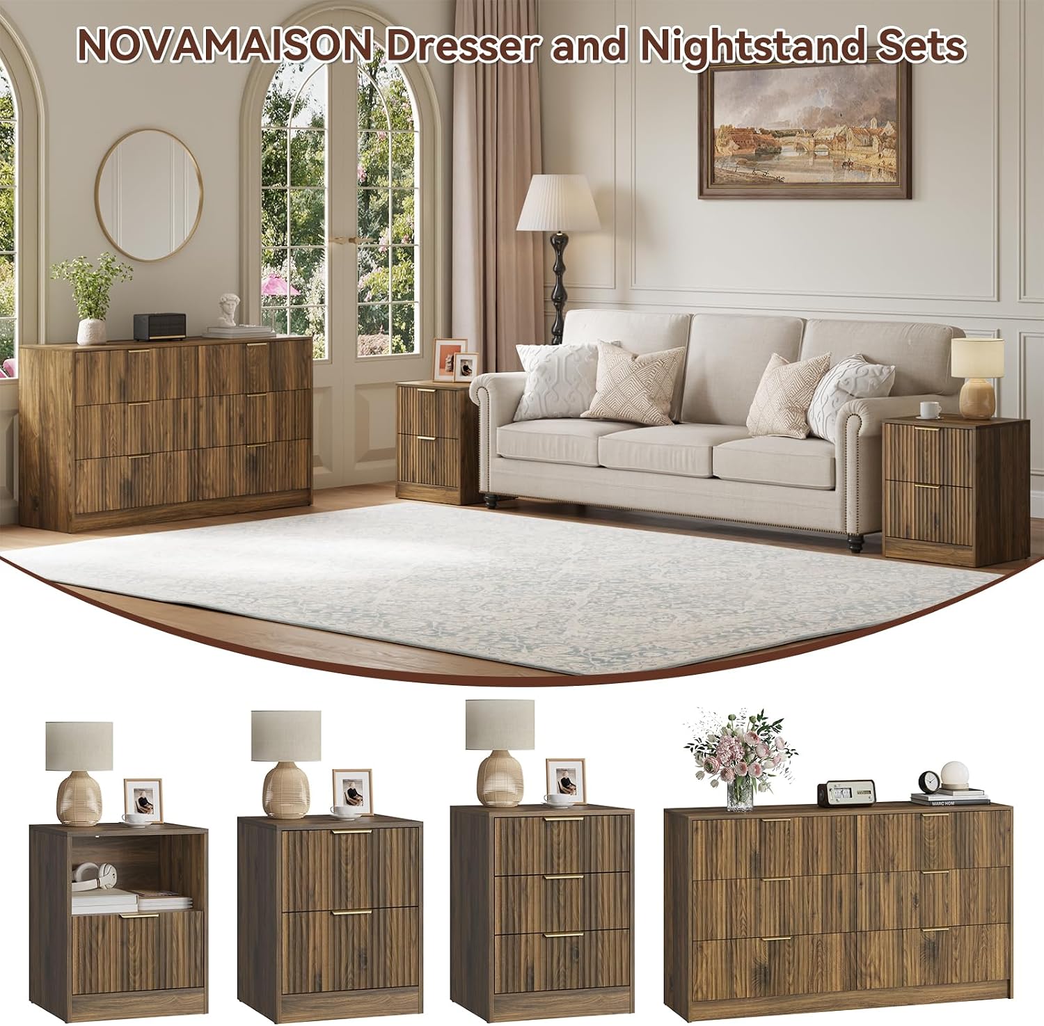 6 Drawer Dresser & Nightstand Set 3-Piece, 55' Wide Fluted Dresser and Night Stand Set of 2 with Metal Handle, Modern Wood Chest of Drawers Storage Dressers Set for Bedroom, Walnut