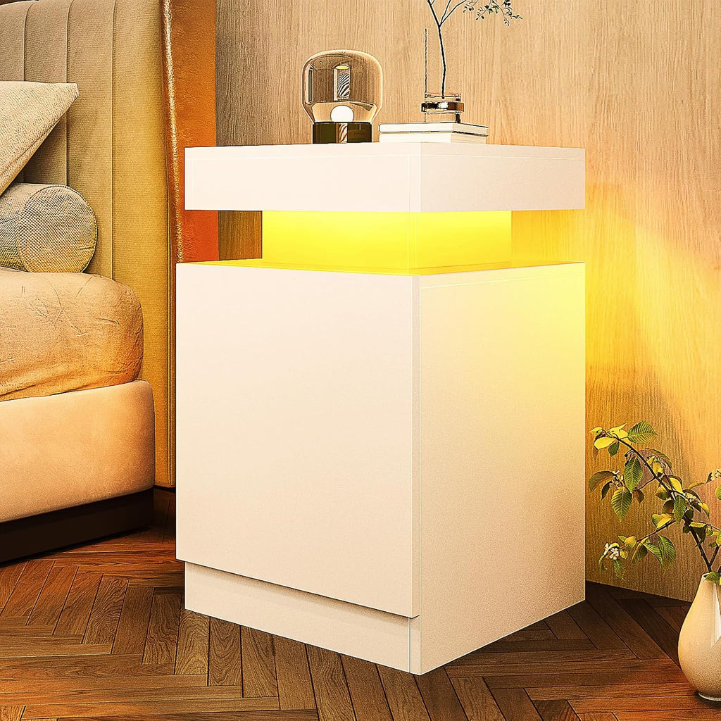 Nightstands Set 2, 15 Inches LED Night Stand Set of 2, Modern Bedside Table with LED Lights, High Gloss Surface, End Table with Storage for Bedroom, Whites
