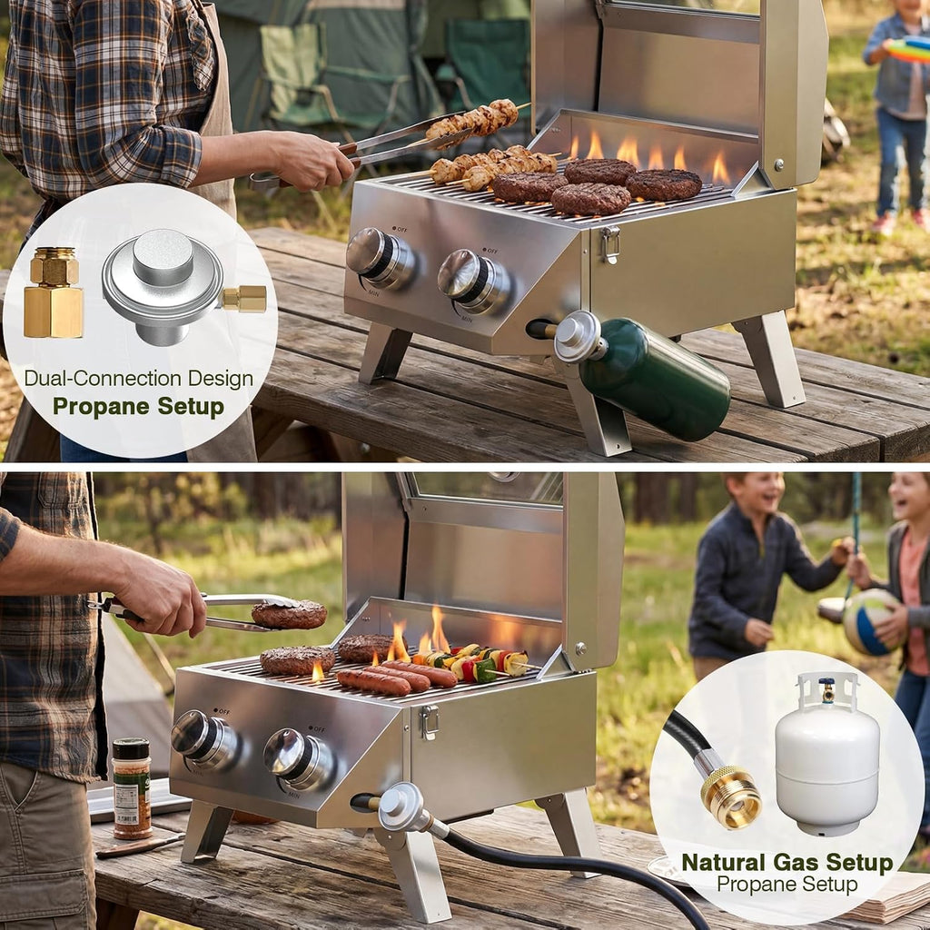 BESTFIRE 2-in-1 Portable Propane Grill, 20,000 BTU 2-Burner Tabletop Gas Grill for Camping & RV, Stainless Steel BBQ with Viewing Glass Lid, Thermometer & Dual-Gas Connection