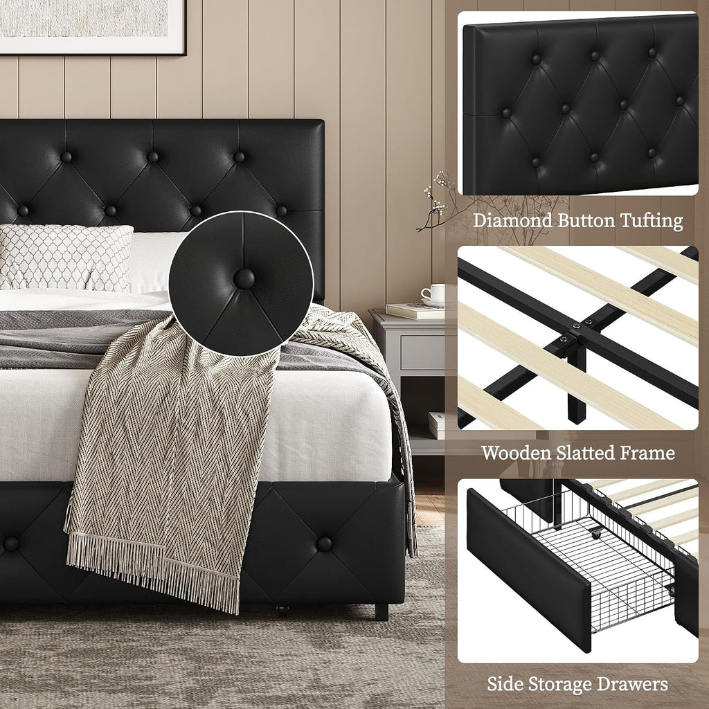 Yaheetech Full Bed Frame Upholstered Bed Frame with Adjustable Diamond Button-Tufted Headboard/3 Drawers Storage, Full Platform Bed/Strong Wooden Slats, Black Full Bed
