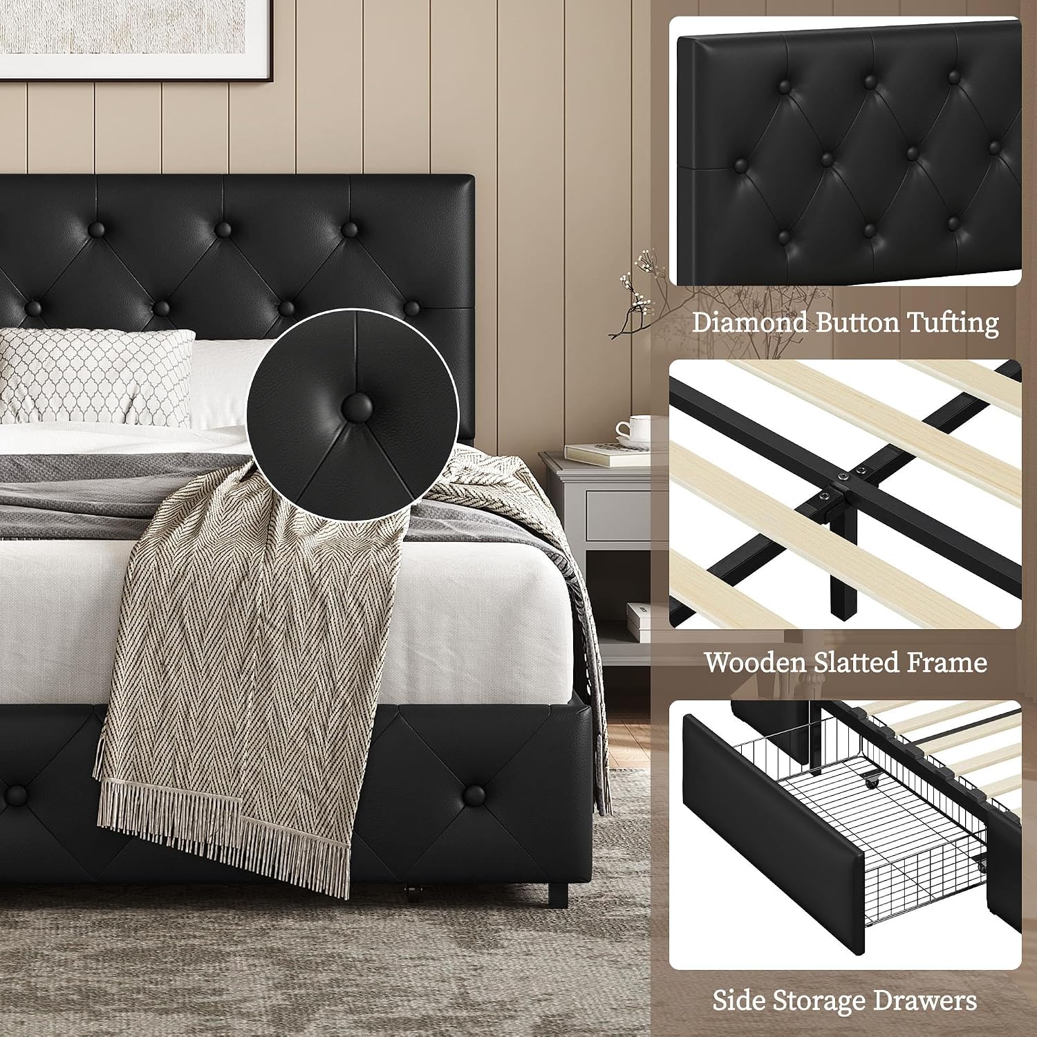 Yaheetech Full Bed Frame Upholstered Bed Frame with Adjustable Diamond Button-Tufted Headboard/3 Drawers Storage, Full Platform Bed/Strong Wooden Slats, Black Full Bed