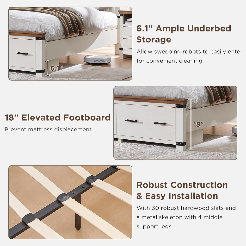 RedLemon Farmhouse King Size Bed Frame w/ 54' Tall Geometric Headboard, Rustic Wood Platform Bed w/ 2 Large Storage Drawers, Wood Slats Support, Noise Free, No Box Spring Needed, Antique White