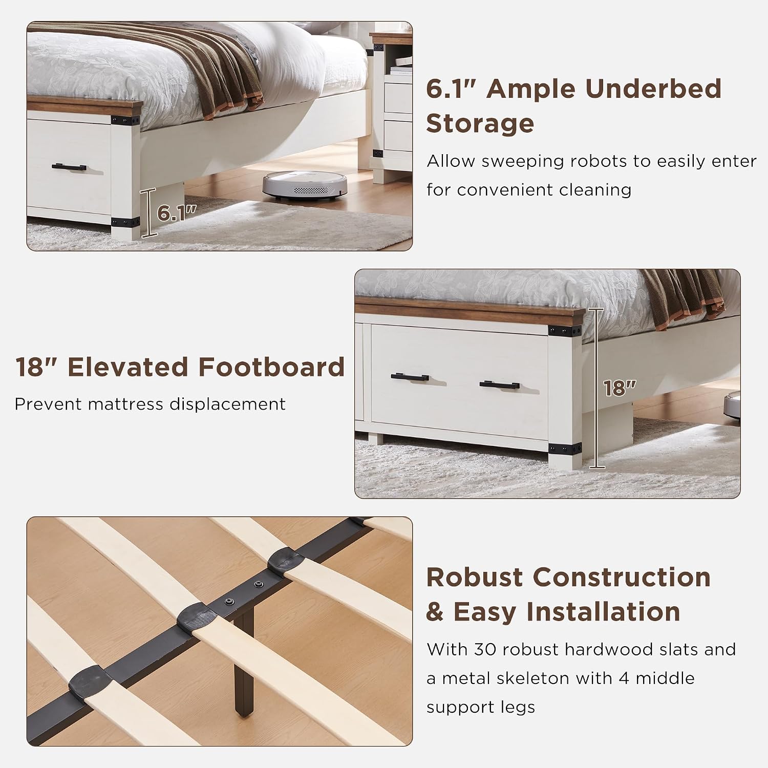 RedLemon Farmhouse King Size Bed Frame w/ 54' Tall Geometric Headboard, Rustic Wood Platform Bed w/ 2 Large Storage Drawers, Wood Slats Support, Noise Free, No Box Spring Needed, Antique White