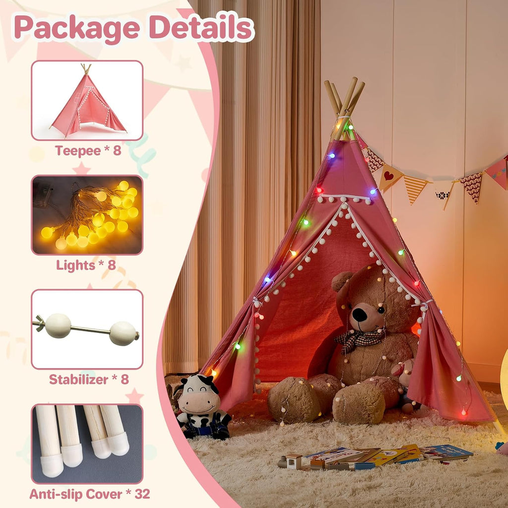 8 Pack Teepee Tent for Kids with Lights, Cotton Indoor Play Teepee with Pompom for Girls & Boys, Sleepover Tents for Boho Slumber Spa Party