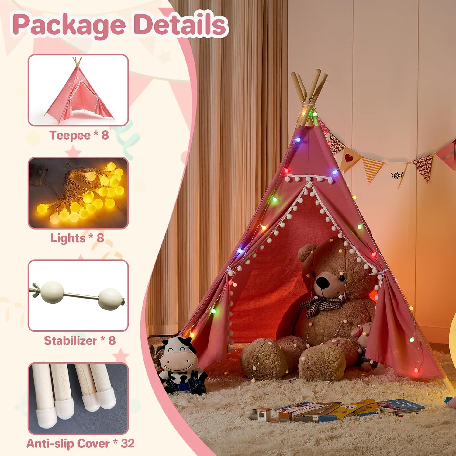 8 Pack Teepee Tent for Kids with Lights, Cotton Indoor Play Teepee with Pompom for Girls & Boys, Sleepover Tents for Boho Slumber Spa Party