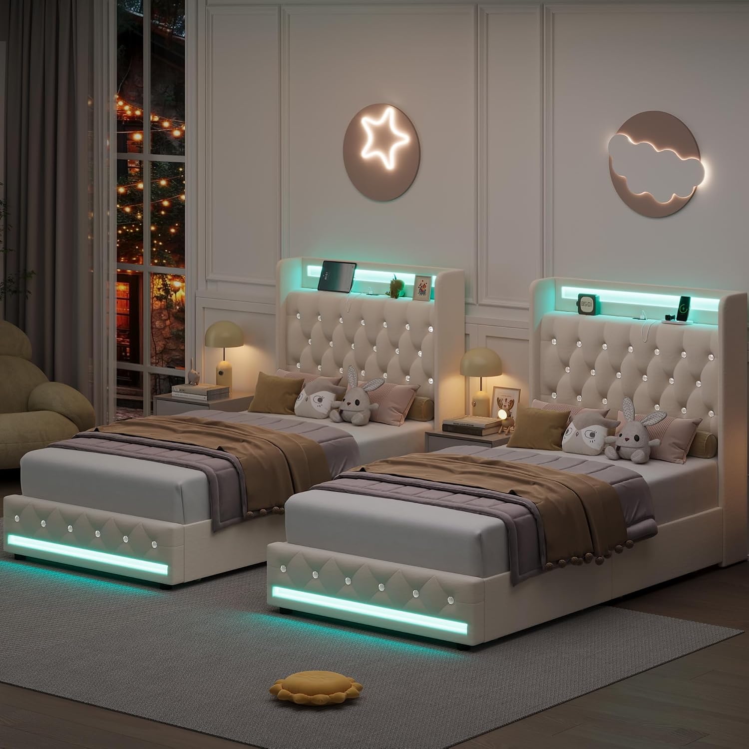 HIFIT Full LED Bed Frame with Charging Station and 2 Storage Drawers, Velvet Upholstered Platform Bed with Handcrafted Crystal Button Wingback Headboard, Metal Frame with No Box Spring Needed, Beige
