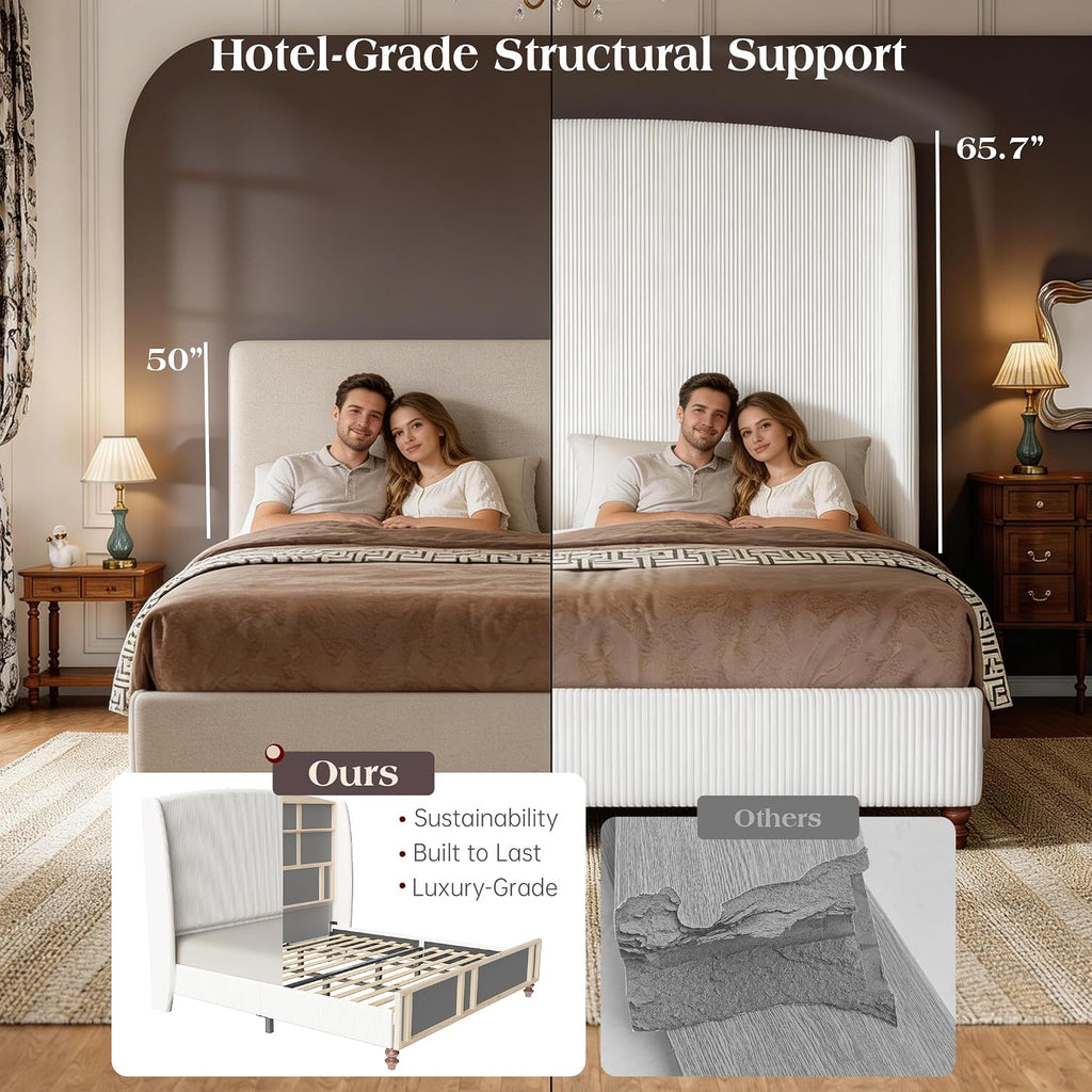65.7' Tall Headboard California King Size Upholstered Bed Frame with Wingback, Soft Washable Corduroy Beds Cover, Solid Wood Legs, Noise-Free, No Box Spring Needed, Cream