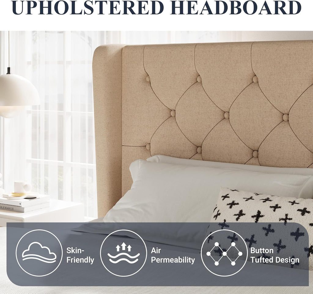 Allewie Queen Size Bed Frame with Button Tufted Wingback Headboard, Modern Upholstered Bed Frame with Solid Wooden Slats Support - No Box Spring Needed, Easy Assembly, Beige