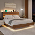 Feonase Floating Bed Frame Full with Led Lights and Charging Station, Wood Full Size Bed Frame with Storage Headboard, Heavy Duty Metal Slats, No Box Spring Needed, Easy Assembly,Walnut
