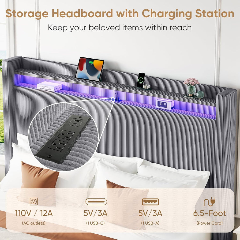 King Bed Frame with 55.3' Tall Headboard, Corduroy Upholstered Platform Bed with LED Lights & Charging Station, Wingback Storage Headboard, Solid Wood Slats,Noise Free,No Box Spring Needed,Dark Grey