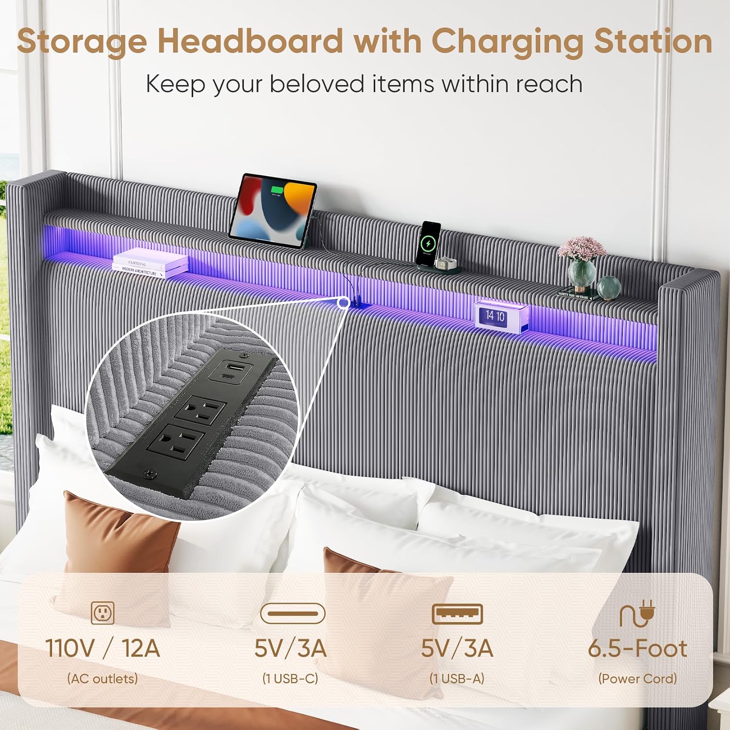 King Bed Frame with 55.3' Tall Headboard, Corduroy Upholstered Platform Bed with LED Lights & Charging Station, Wingback Storage Headboard, Solid Wood Slats,Noise Free,No Box Spring Needed,Dark Grey