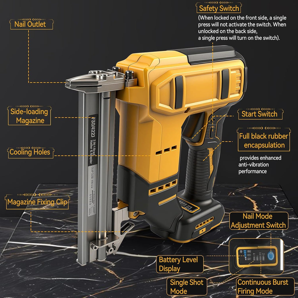 Cordless Brad Nailer for Dewalt 20V Battery (Tool Only), 2-in-1 Electric Nail/Staple Gun, 18 Gauge Brushless with 2000 Nails for Wood Carpentry, 2 Modes (for Dewalt)