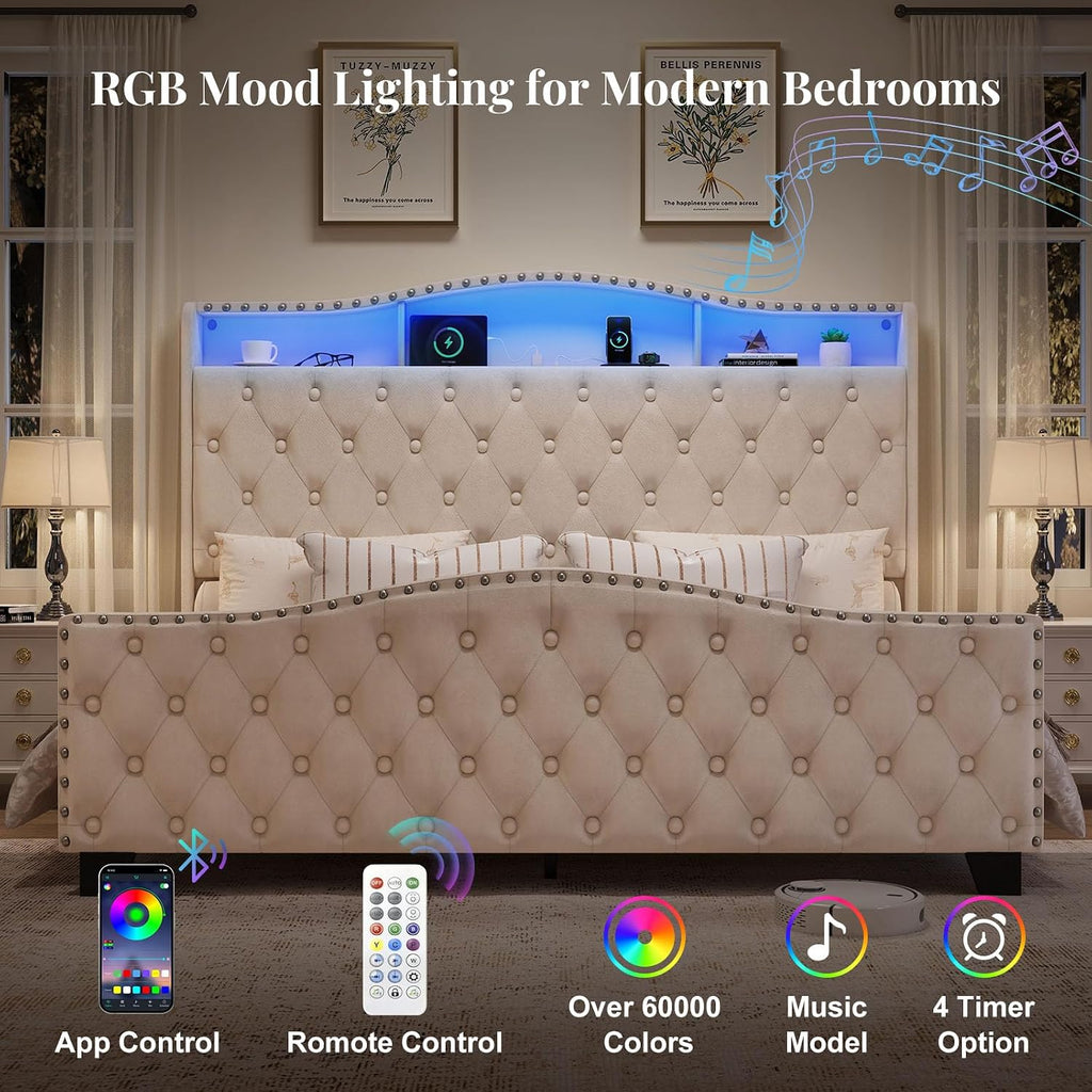 Belffin King Size Bed Frame and Headboard, 50.9' Velvet Upholstered Wingback Bedframe with LED Lights & Storage/Charging Station, Button Tufted Tall Footboard, No Box Spring Needed, Noise-Free, Beige