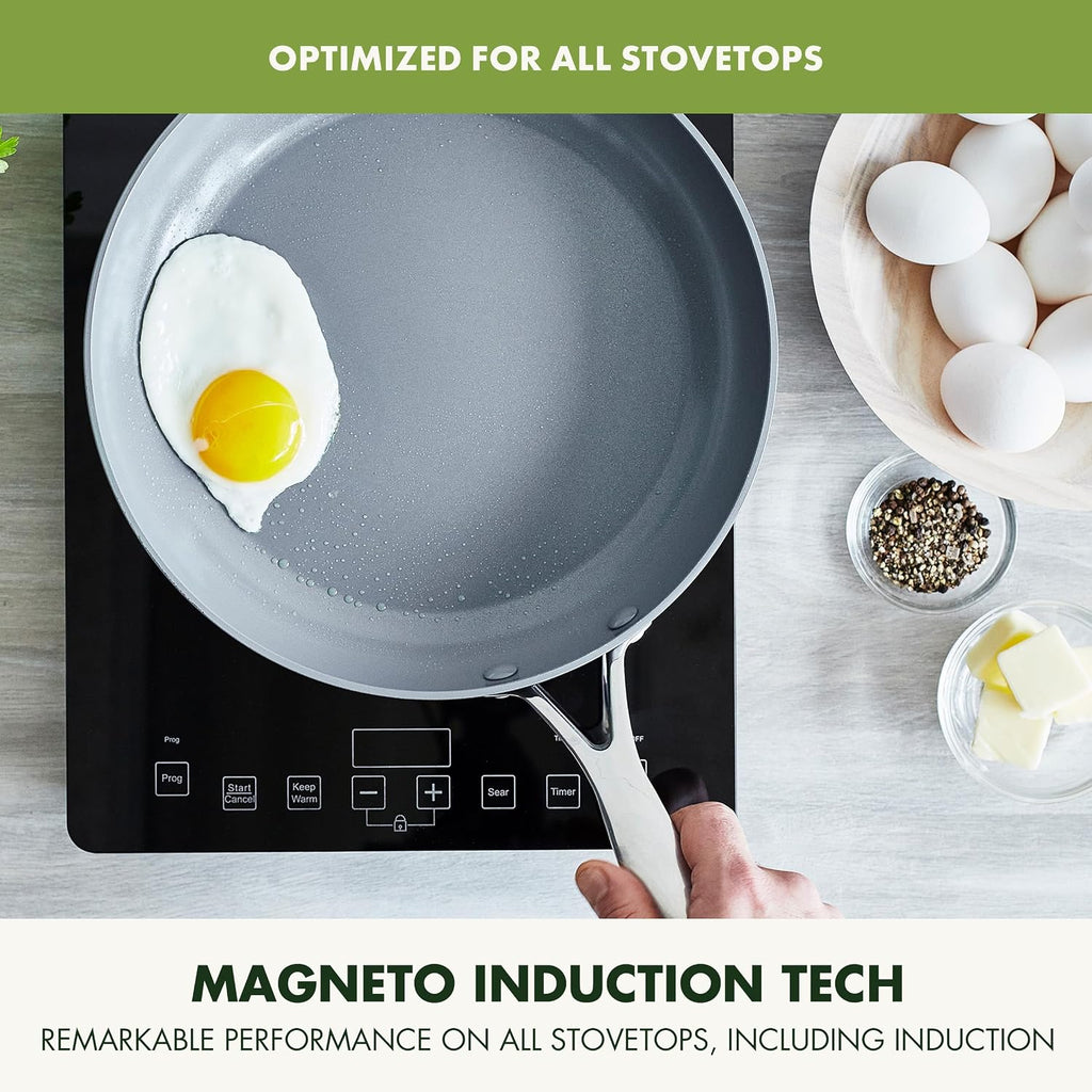 GreenPan Valencia Pro Ceramic Nonstick 8' 9.5' & 11' Fry Pan Skillet Set, Hard Anodized PFAS-Free, Induction Ready, Compatible on All Cooktops, Dishwasher Safe, Oven Safe to 600F, Gray