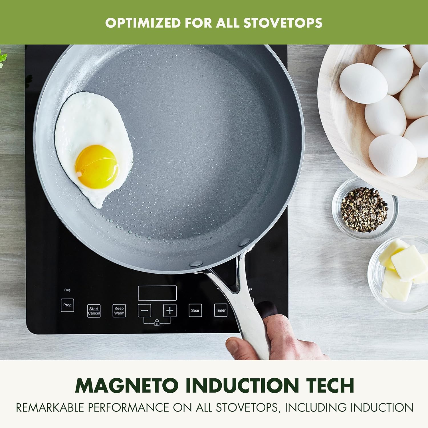 GreenPan Valencia Pro Ceramic Nonstick 8' 9.5' & 11' Fry Pan Skillet Set, Hard Anodized PFAS-Free, Induction Ready, Compatible on All Cooktops, Dishwasher Safe, Oven Safe to 600F, Gray