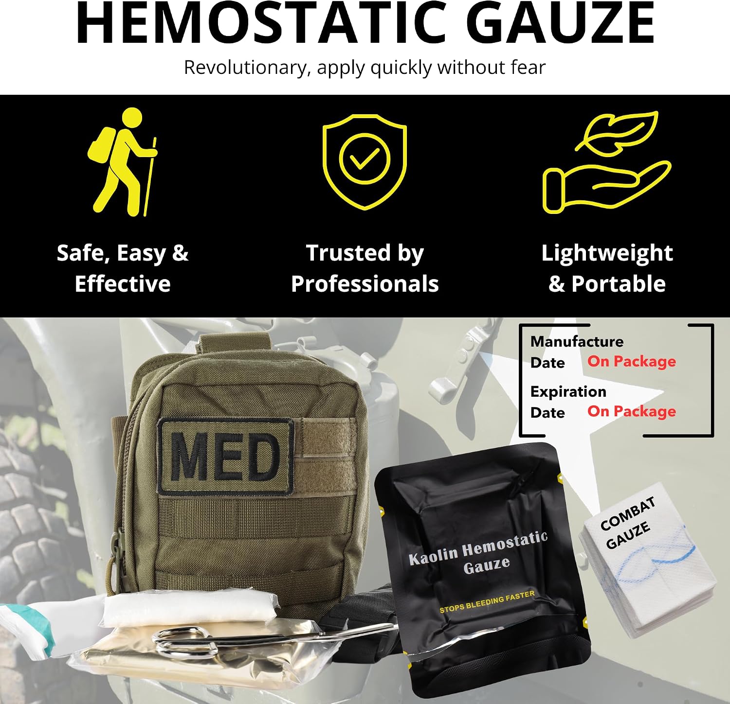 First Aid Advanced Quick Clot Combat Gauze - Flexible Hemostatic Gauze - to Stop The Bleed kit Faster Wound Packing withQuick Clotting Medical Gauze - Survival Kit Supplies (Pack of 10)