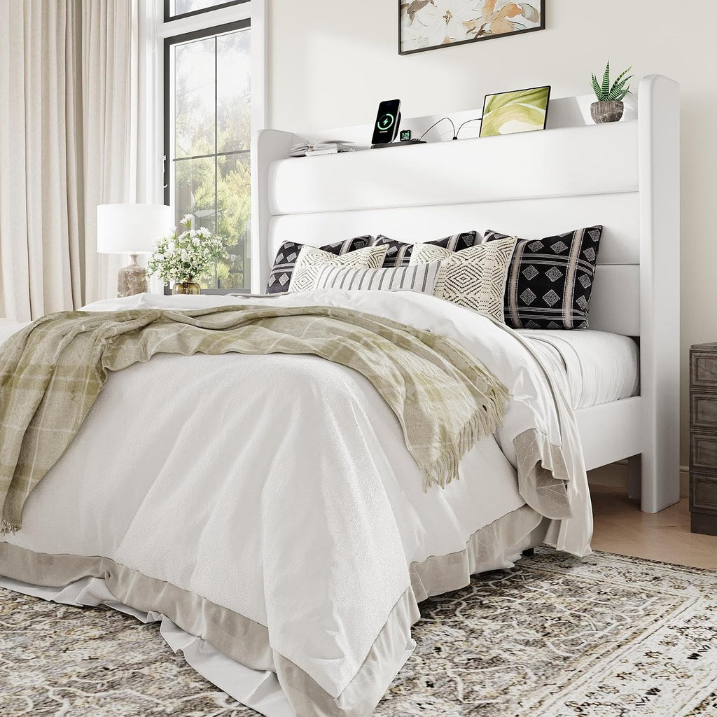 Allewie Full Size Upholstered Bed Frame with Charging Station & Storage Headboard, Soft Velvet Wingback Platform Bed, Strong Wooden Slats Support, No Box Spring Needed, Easy Assembly, White