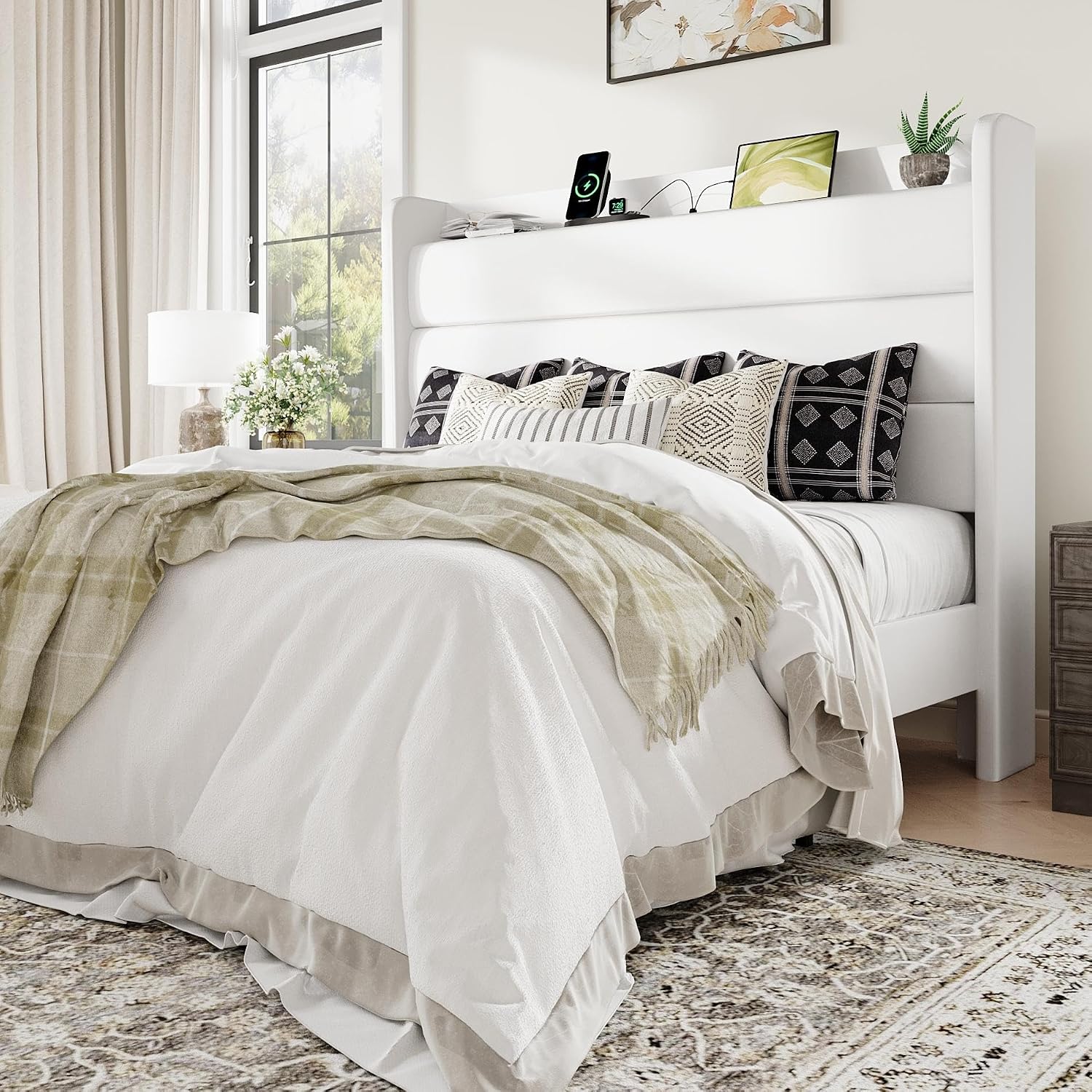 Allewie Queen Size Upholstered Bed Frame with Charging Station & Storage Headboard, Soft Velvet Wingback Platform Bed, Strong Wooden Slats Support, No Box Spring Needed, Easy Assembly, White