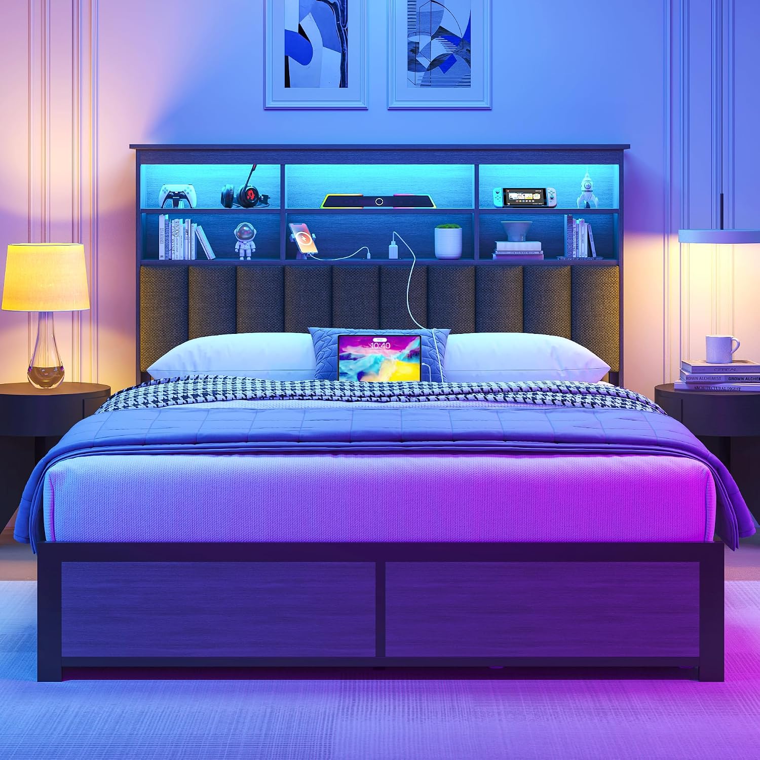 Lifezone Full Bed Frame with Headboard, Full Bed Frame with High Storage Bookcase Headboard,4 Storage Drawers & Charging Station & LED,No Box Spring Needed/Noise Free/All-Metal Support,Rustic Grey