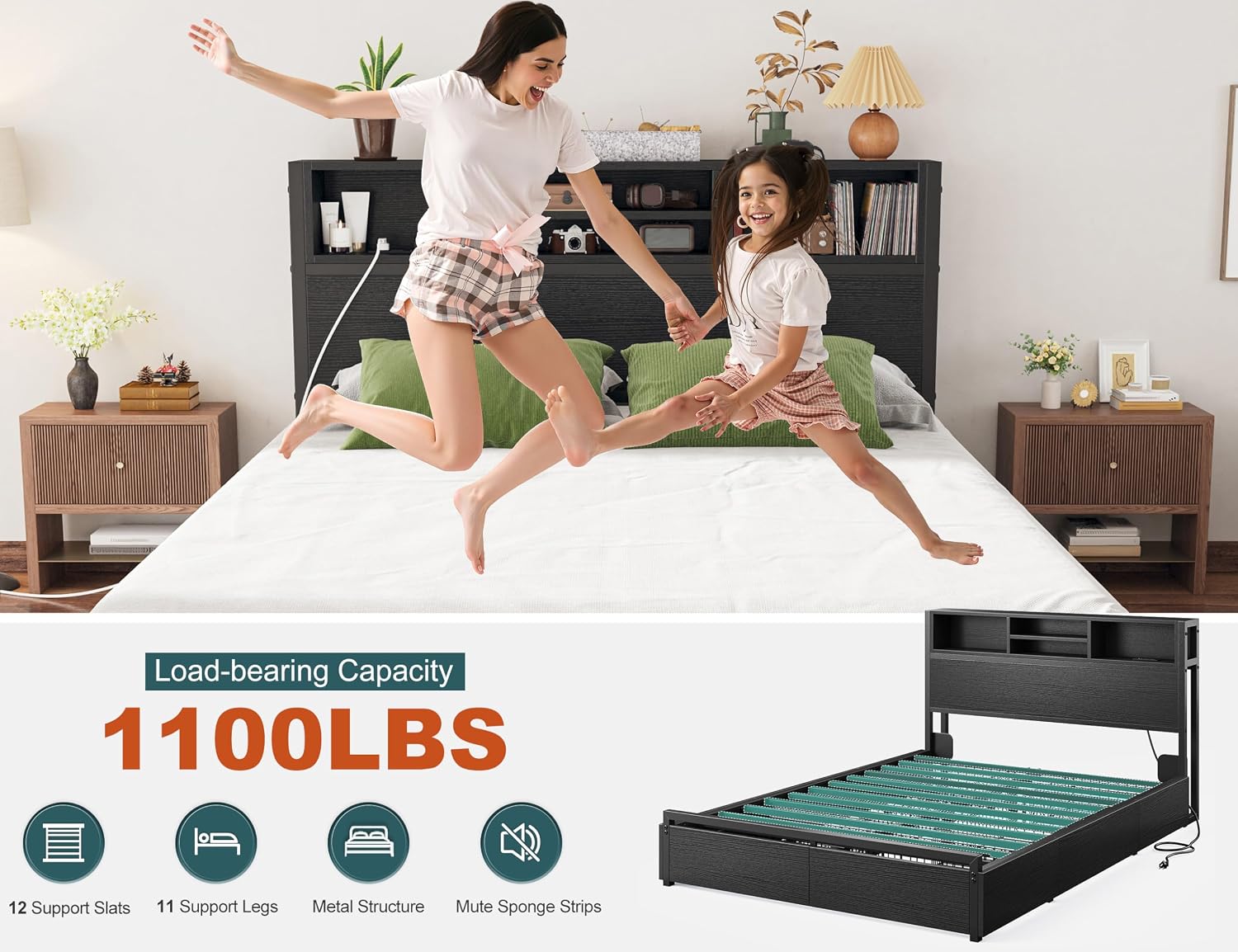 EnHomee Full Size Bed Frame with 6 Storage Drawers, Headboard & Charging Station, Noise-Free Metal Platform Bed, No Box Spring Needed,Black