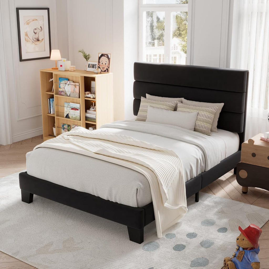 Allewie Twin Size Platform Bed Frame with Velvet Upholstered Headboard and Wooden Slats Support, Fully Upholstered Mattress Foundation/No Box Spring Needed/Easy Assembly, Black