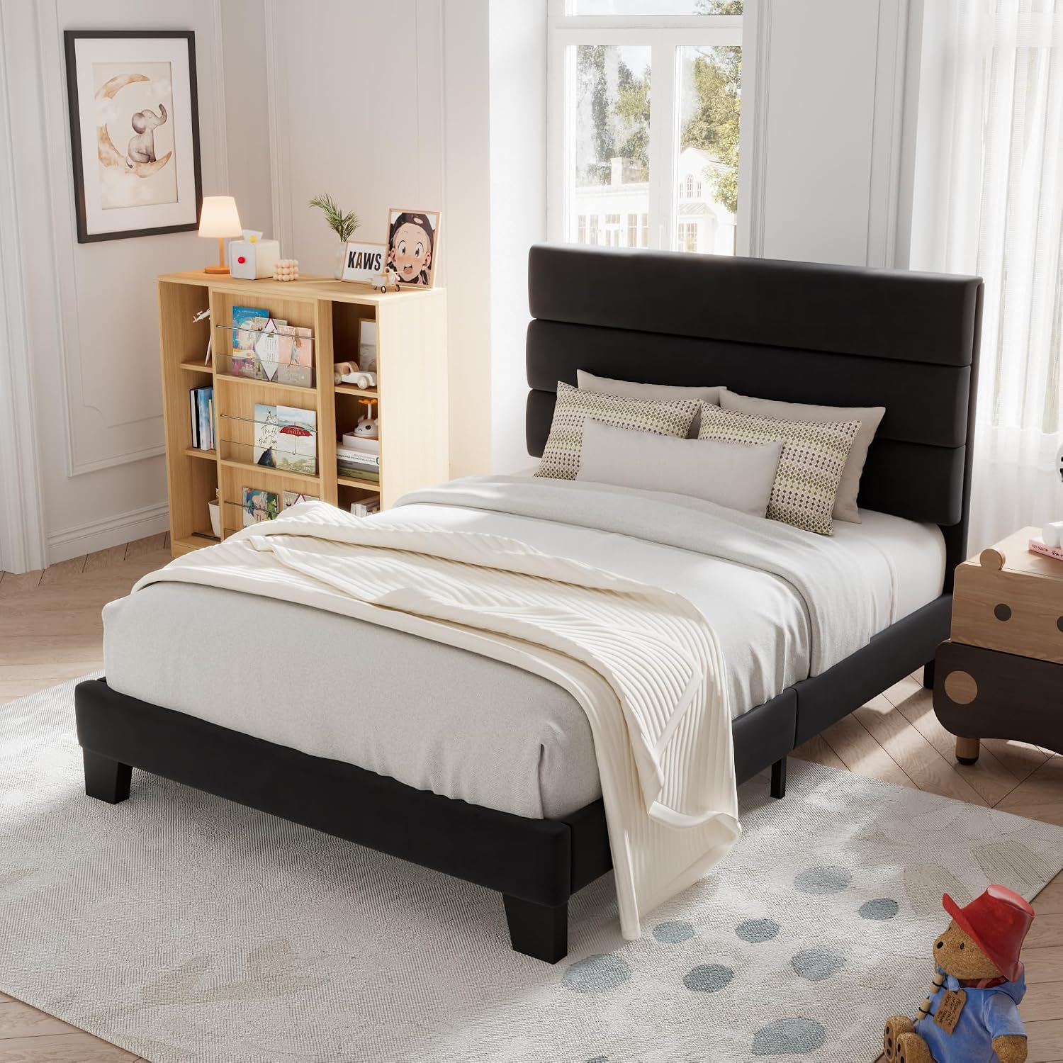 Allewie Twin Size Platform Bed Frame with Velvet Upholstered Headboard and Wooden Slats Support, Fully Upholstered Mattress Foundation/No Box Spring Needed/Easy Assembly, Black