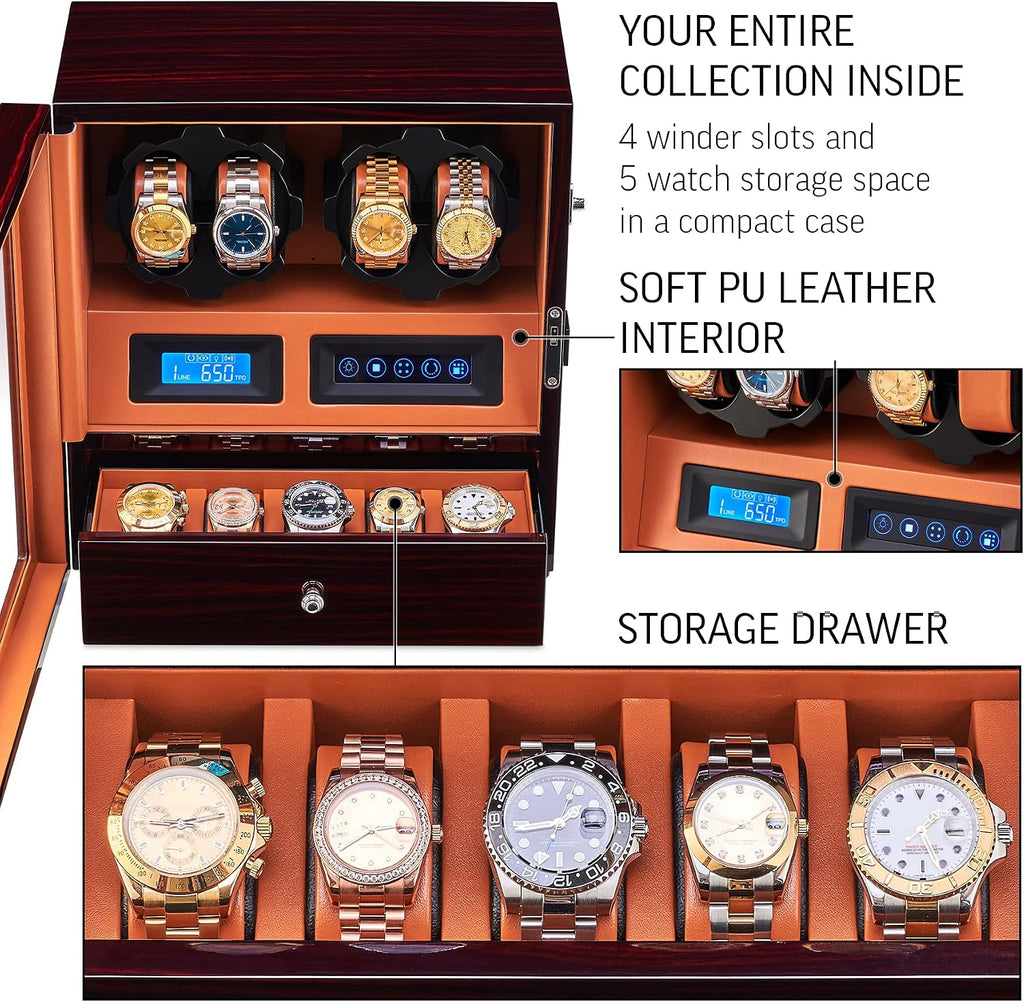 4 Watch Winder with 5 Watch Storage Space, LCD Display, Touch Control and Interior Light