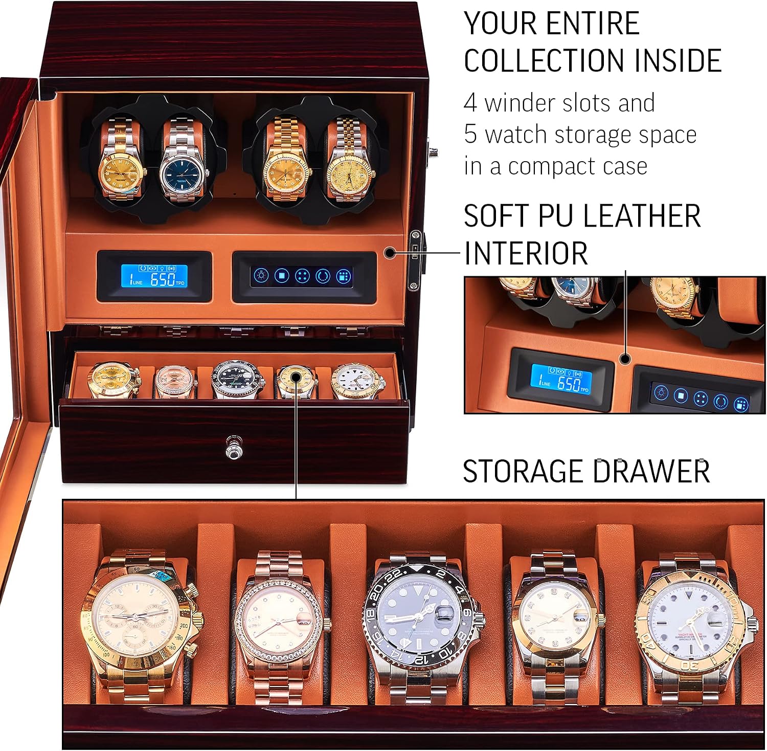 4 Watch Winder with 5 Watch Storage Space, LCD Display, Touch Control and Interior Light