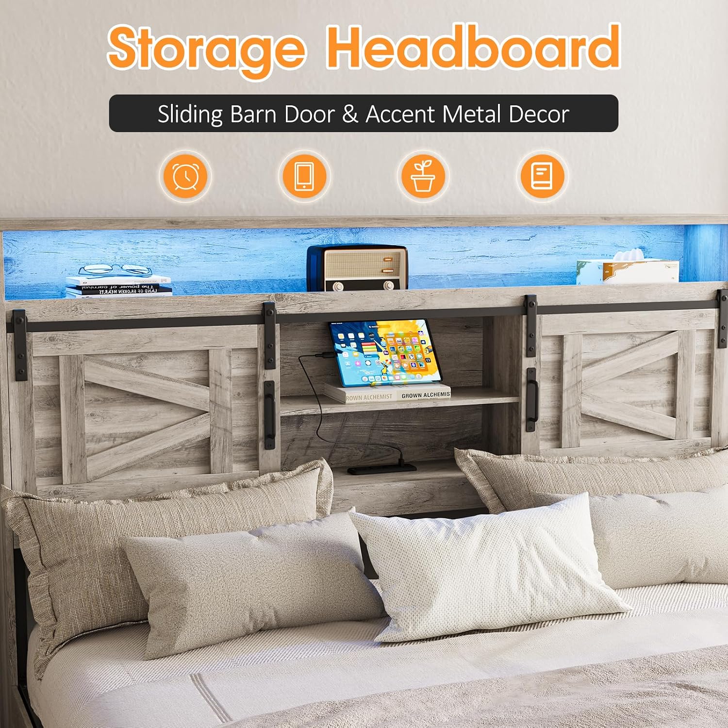 Fameill Farmhouse King Size Bed Frame with 4 Drawers and Bookcase Headboard, Sliding Barn Door Storage Shelves, LED Lights and Charging Station, No Box Spring Needed, Grey