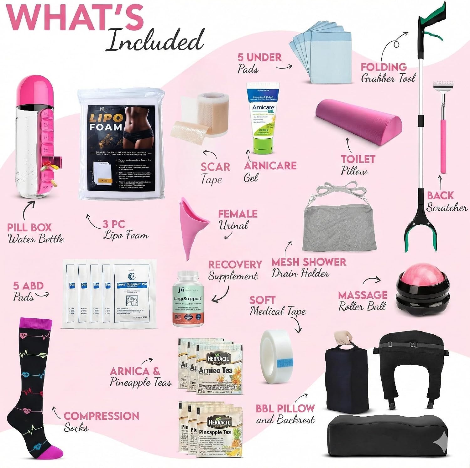 BBL Plus Post Surgery Supplies Kit with SurgiSupport | 34-Piece After Surgery Recovery Set with Lipo Foam, ABD Pads, BBL Backrest Pillow & More
