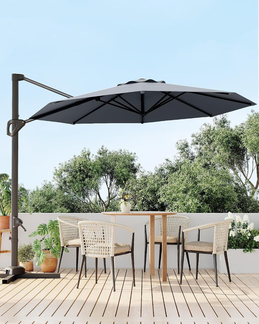 Takywep 10ft Cantilever Patio Umbrella, Outdoor Umbrella 360-degree Rotation, Solar-powered LED lights, Easy-Tilt Mechanism, for Decks, Poolside and Backyard Relaxation