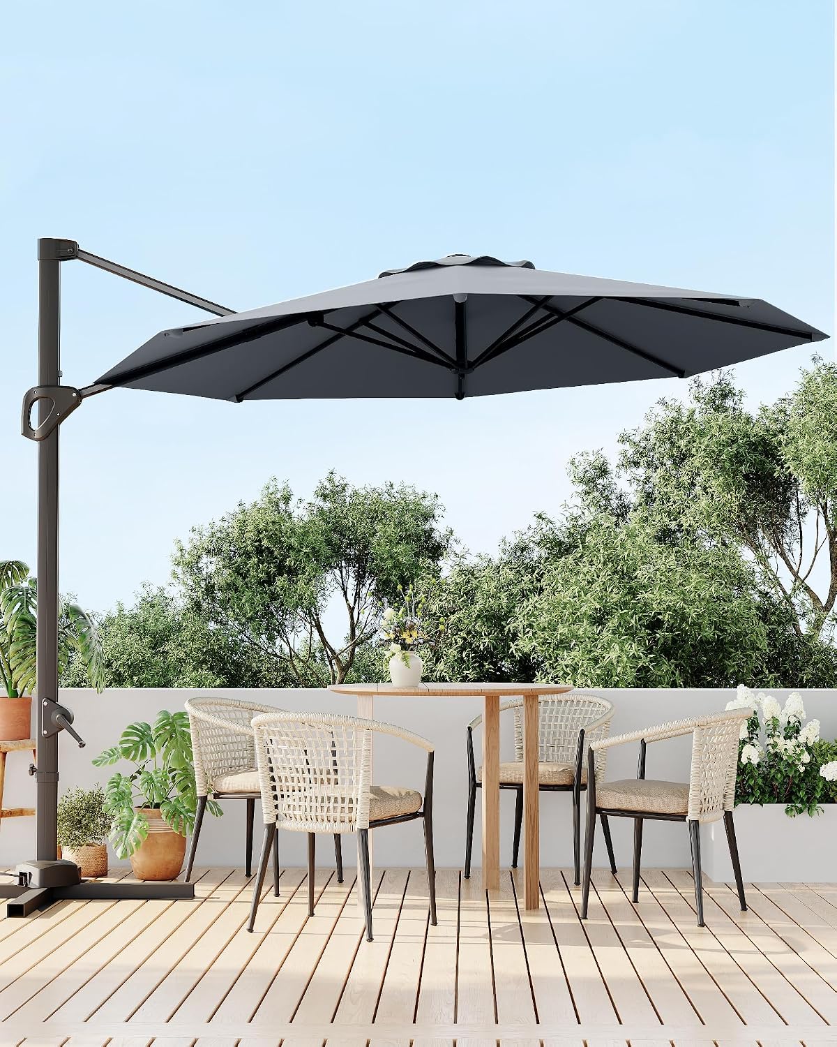 Takywep 10ft Cantilever Patio Umbrella, Outdoor Umbrella 360-degree Rotation, Solar-powered LED lights, Easy-Tilt Mechanism, for Decks, Poolside and Backyard Relaxation