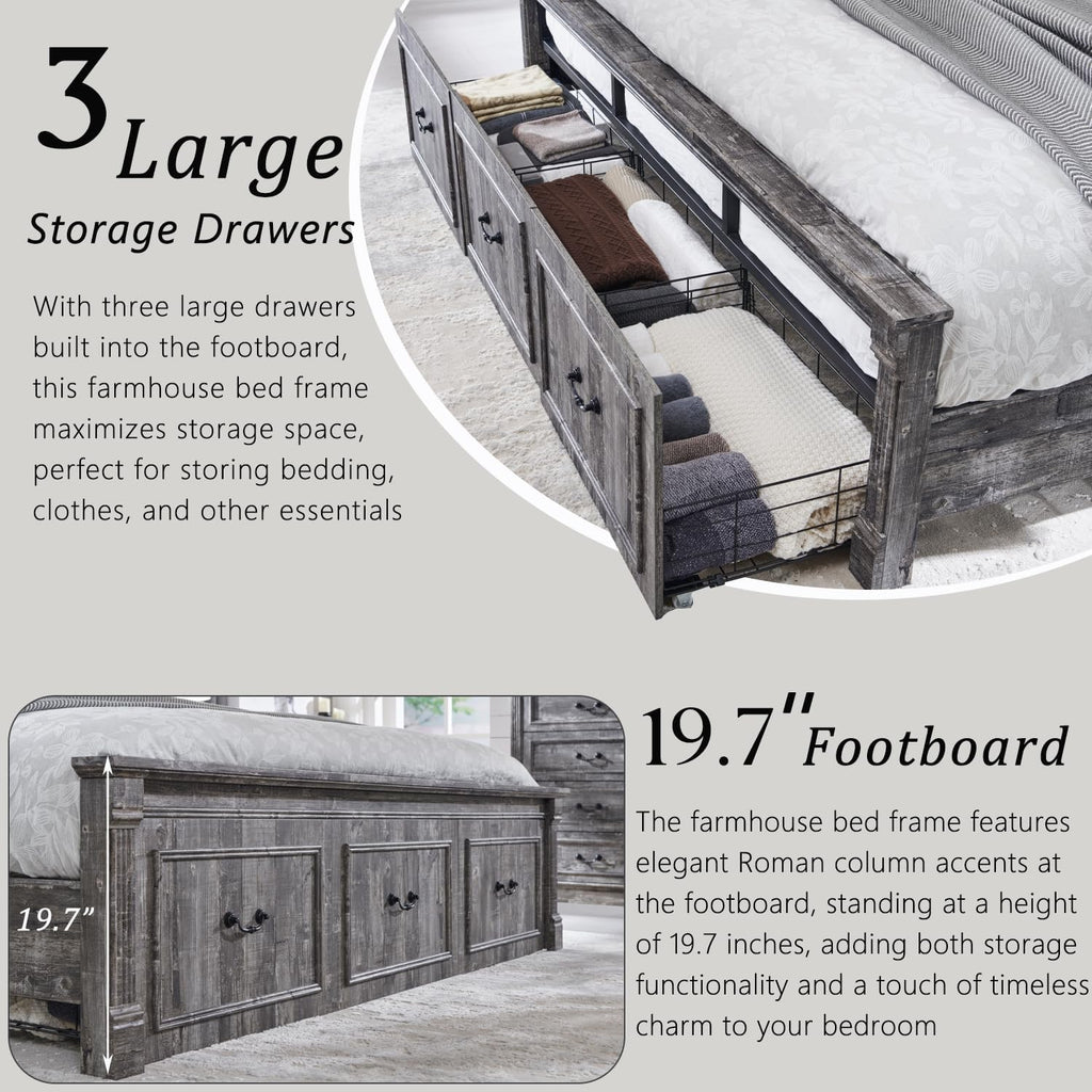 Aitjunz Farmhouse King Size Bed Frame with 51' Tall Headboard, Wood Platform Bed Frame with 20' Tall Roman Column Decoration Footboard & 3 Large Storage Drawers, No Box Spring Needed (Light Grey)